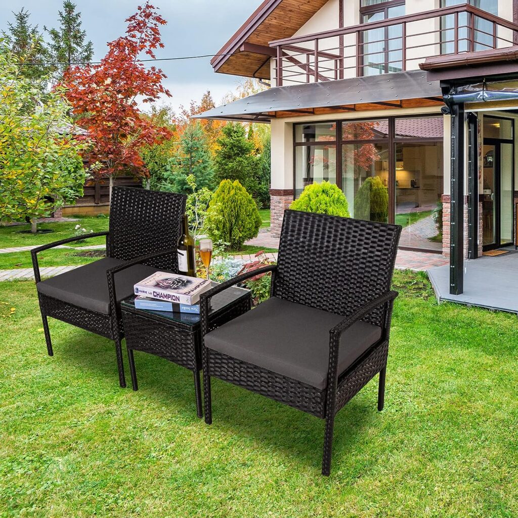 Cpintltr 3 Pieces Patio Furniture Sets Outdoor Wicker Bistro Set Rattan Chair Conversation Sets Modern Bistro Set PE Rattan Wicker Chairs with Table Garden Furniture for Backyard Lawn Balcony Grey