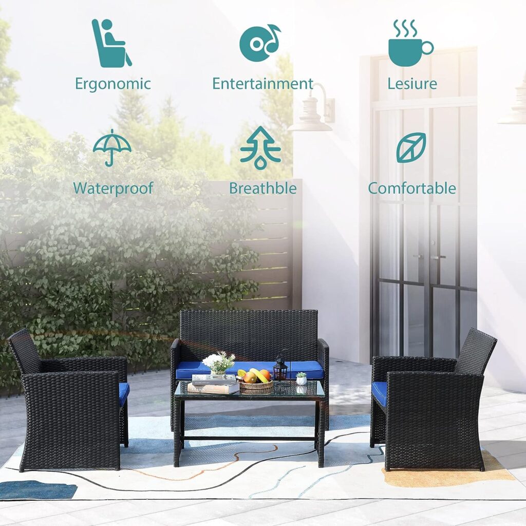 PAOLFOX 4 Piece Patio Set,Porch Furniture Set,Balcony Furniture,Wicker Patio Furniture Sets,Patio Conversation Sets,Outdoor Patio Set,Black