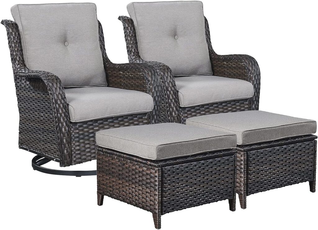 Rilyson Wicker Patio Furniture Set - 4 Piece Rattan Outdoor Sectional Conversation Sets with 2 Swivel Rocking Chairs,2 Ottomans for Porch Deck Garden(Brown/Grey)