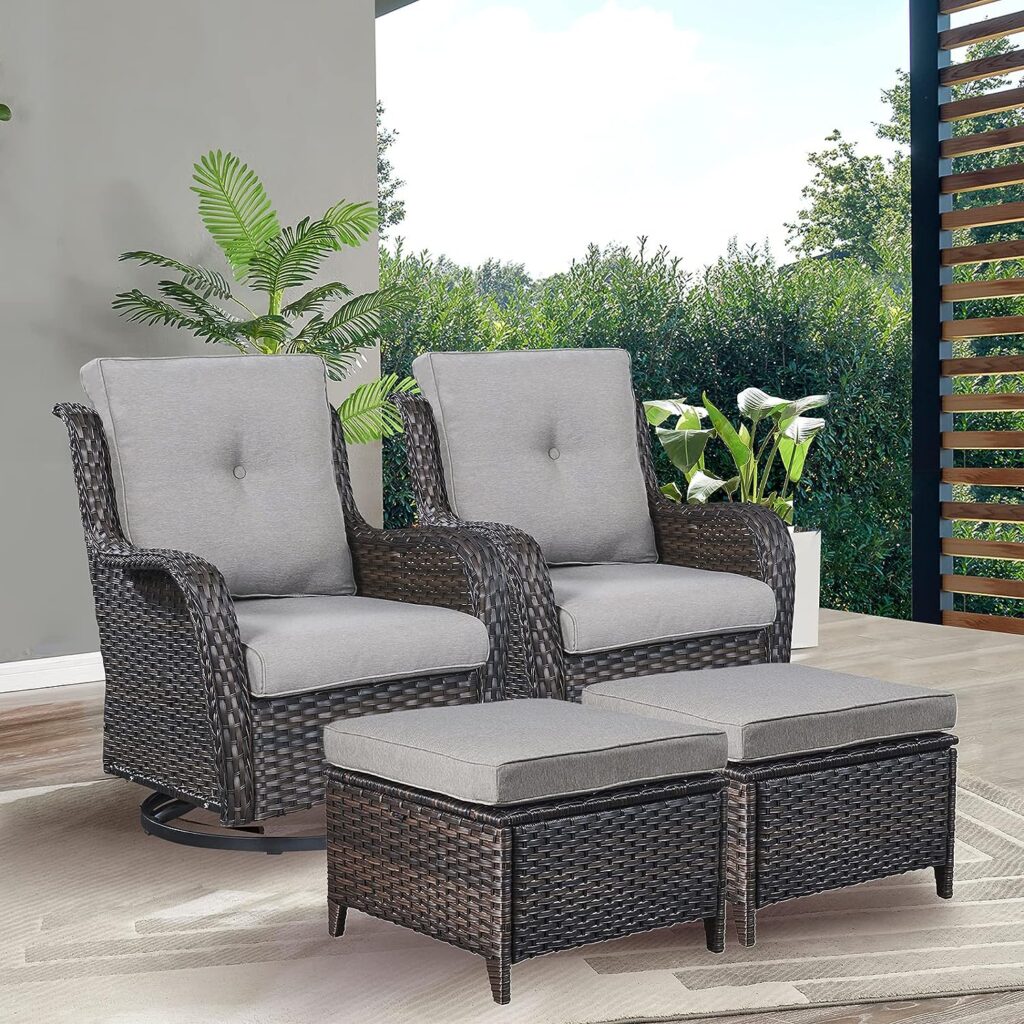 Rilyson Wicker Patio Furniture Set - 4 Piece Rattan Outdoor Sectional Conversation Sets with 2 Swivel Rocking Chairs,2 Ottomans for Porch Deck Garden(Brown/Grey)